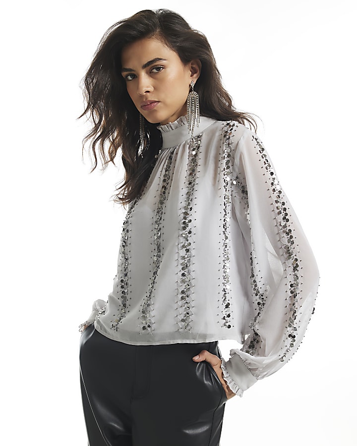 Silver Embellished Sequin Tie Back Top