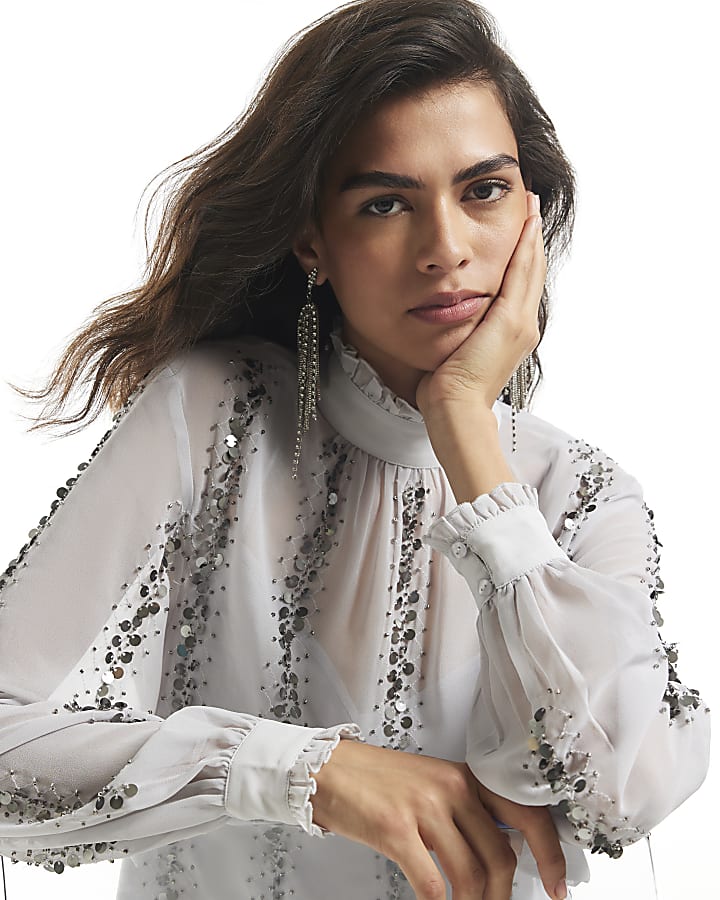 Silver Embellished Sequin Tie Back Top