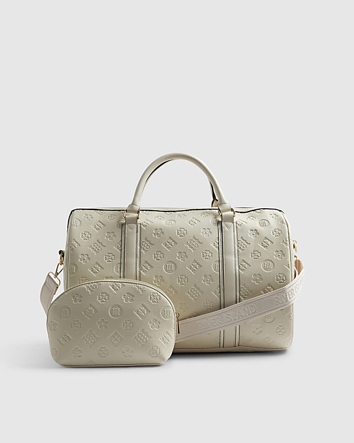 Cream Embossed Monogram Barrel Bag Bundle