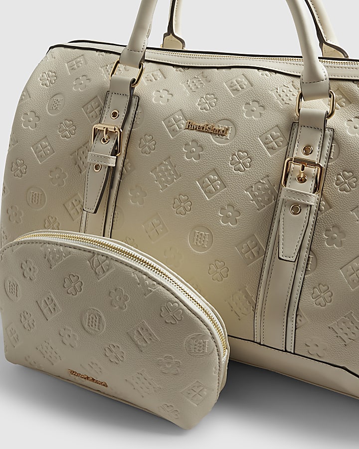 Cream Embossed Monogram Barrel Bag Bundle