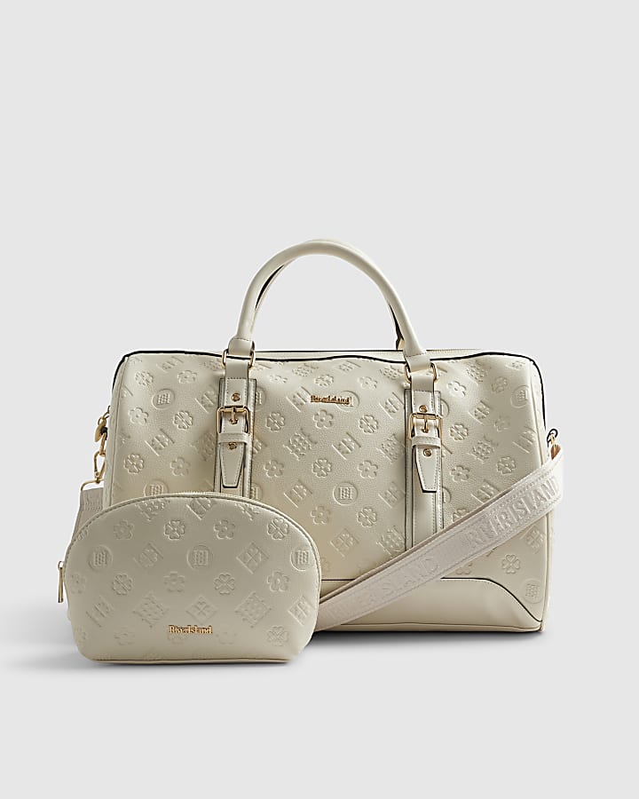 Cream Embossed Monogram Barrel Bag Bundle