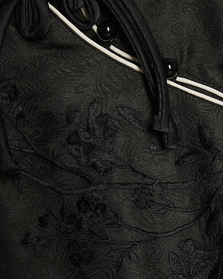 Black Satin Jacquard Floral Mini Dress