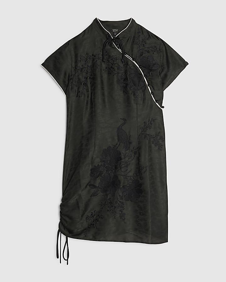 Black Satin Jacquard Floral Mini Dress