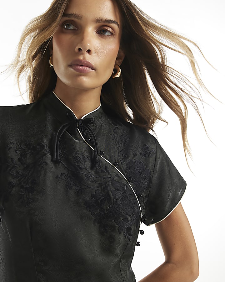 Black Satin Jacquard Floral Mini Dress