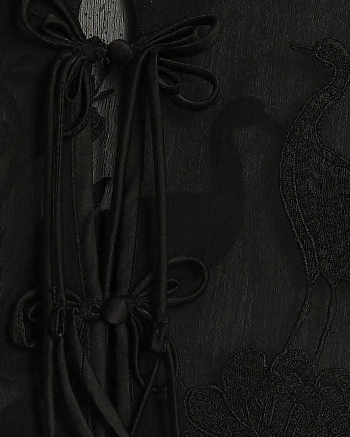 Black Floral Embroidered Tie Top