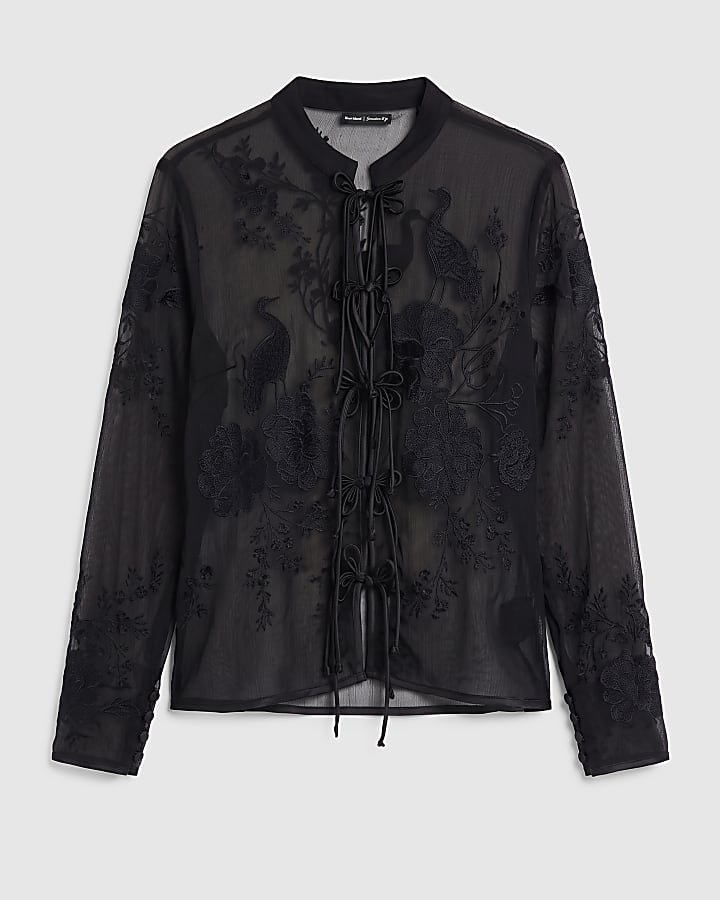 Black Floral Embroidered Tie Top