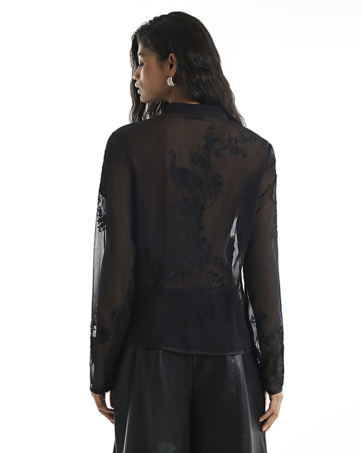 Black Floral Embroidered Tie Top