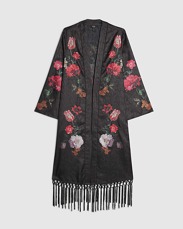 Black Floral Embroidered Fringed Kimono