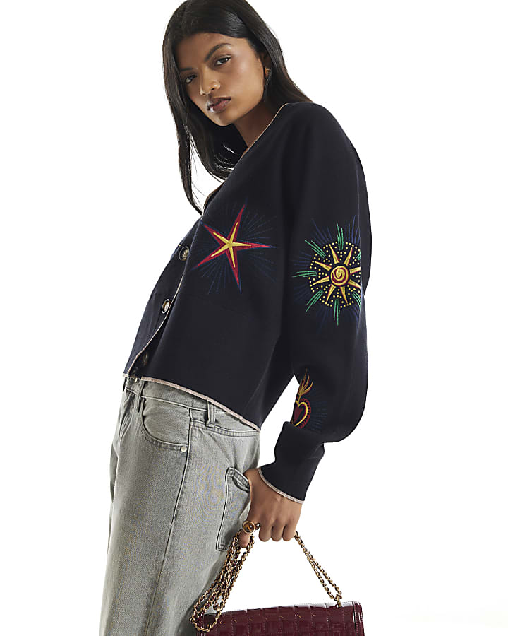 Black Celestial Embroidery Cardigan