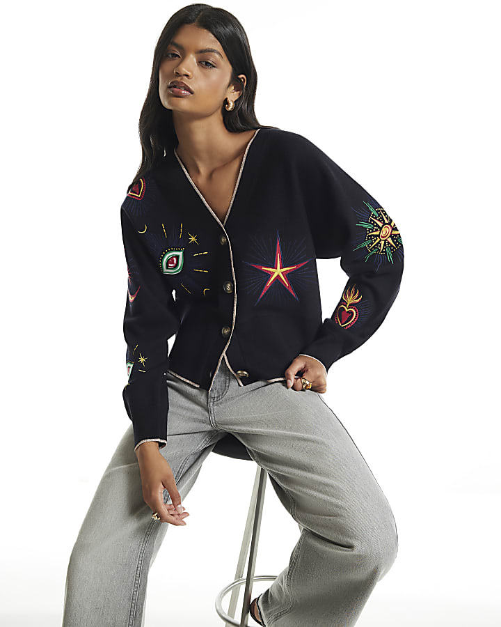 Black Celestial Embroidery Cardigan