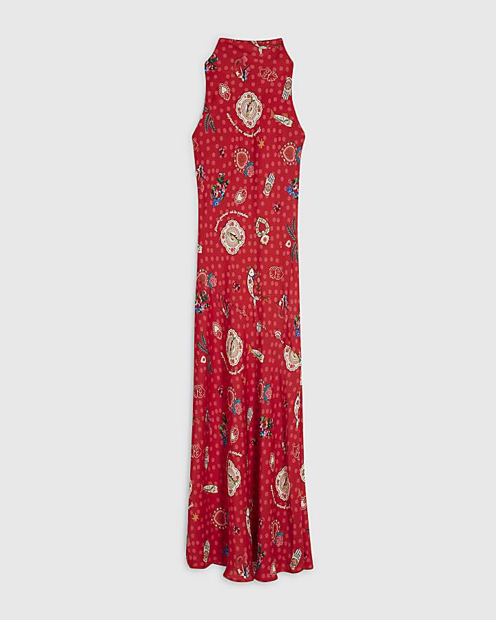 Red Satin Abstract Print Maxi Slip Dress