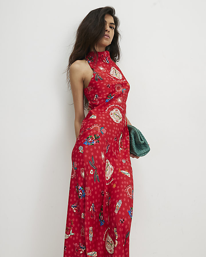 Red Satin Abstract Print Maxi Slip Dress