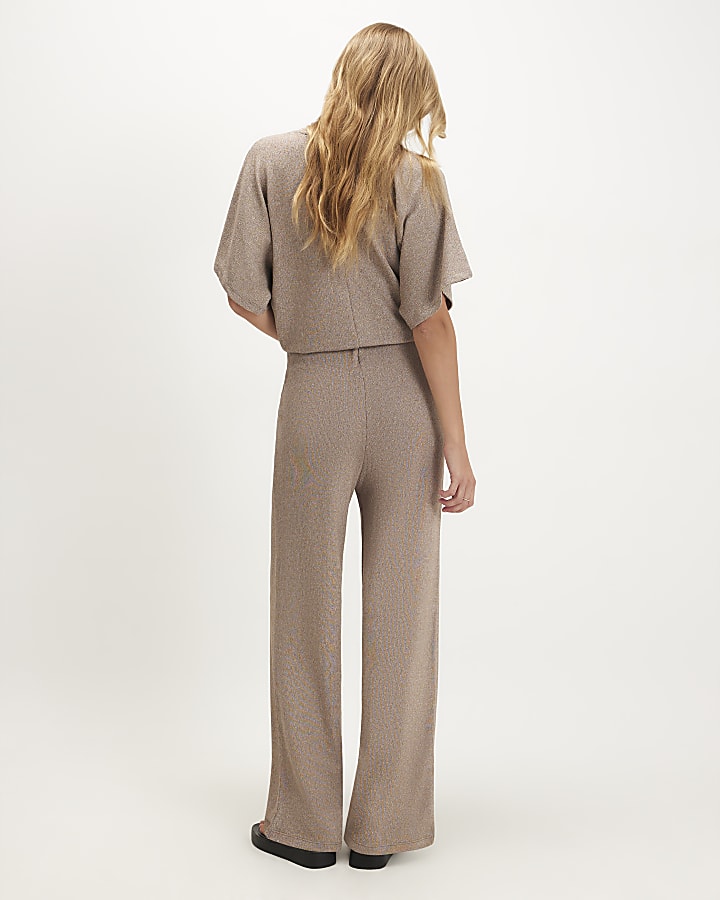 Beige Textured Wide Leg Trousers