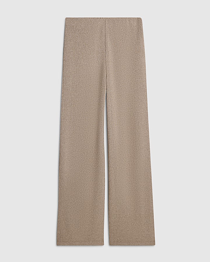 Beige Textured Wide Leg Trousers