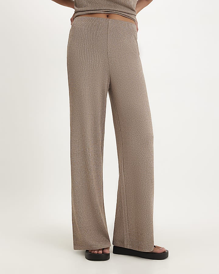 Beige Textured Wide Leg Trousers
