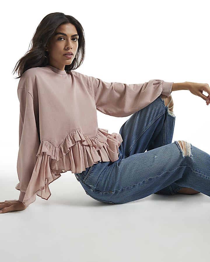 Pink Ruffle Hem Sweatshirt