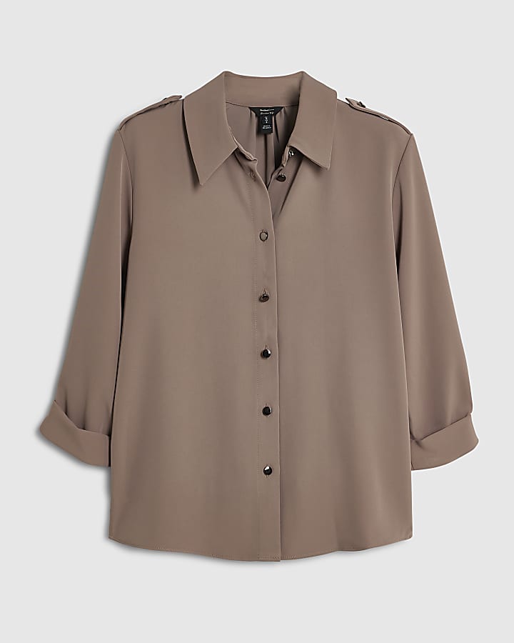 Beige Turnback Sleeve Shirt