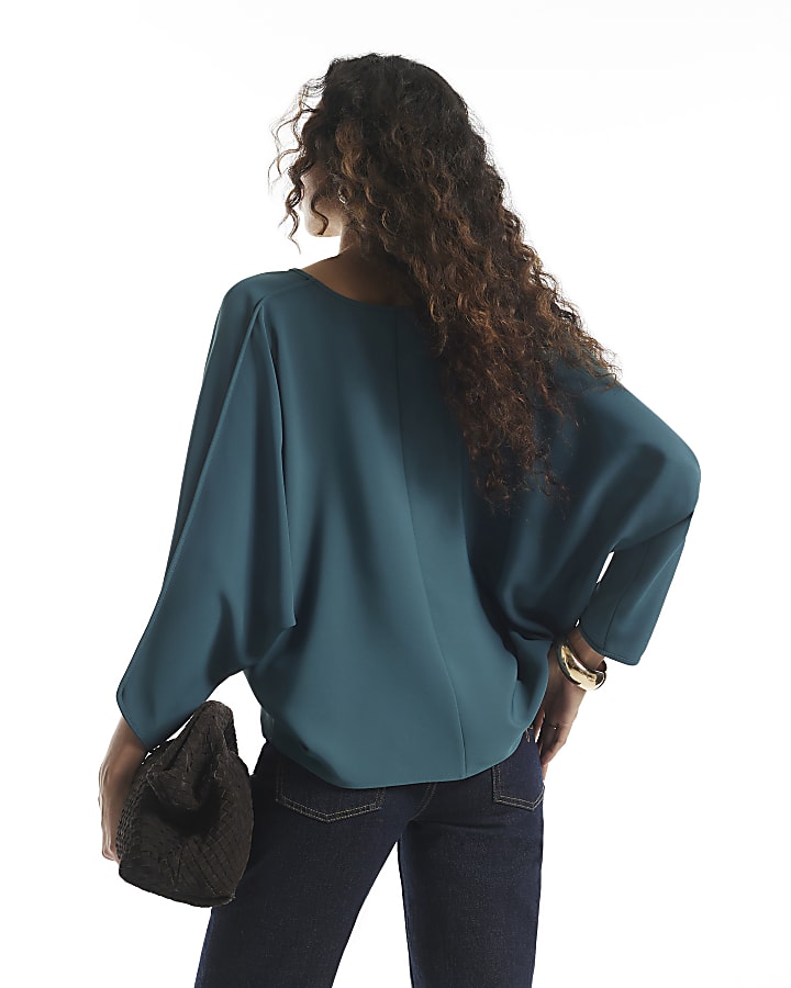 Green V Neck Batwing Top