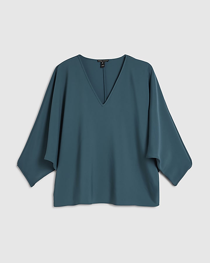 Green V Neck Batwing Top