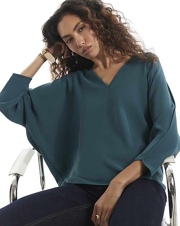 Green V Neck Batwing Top