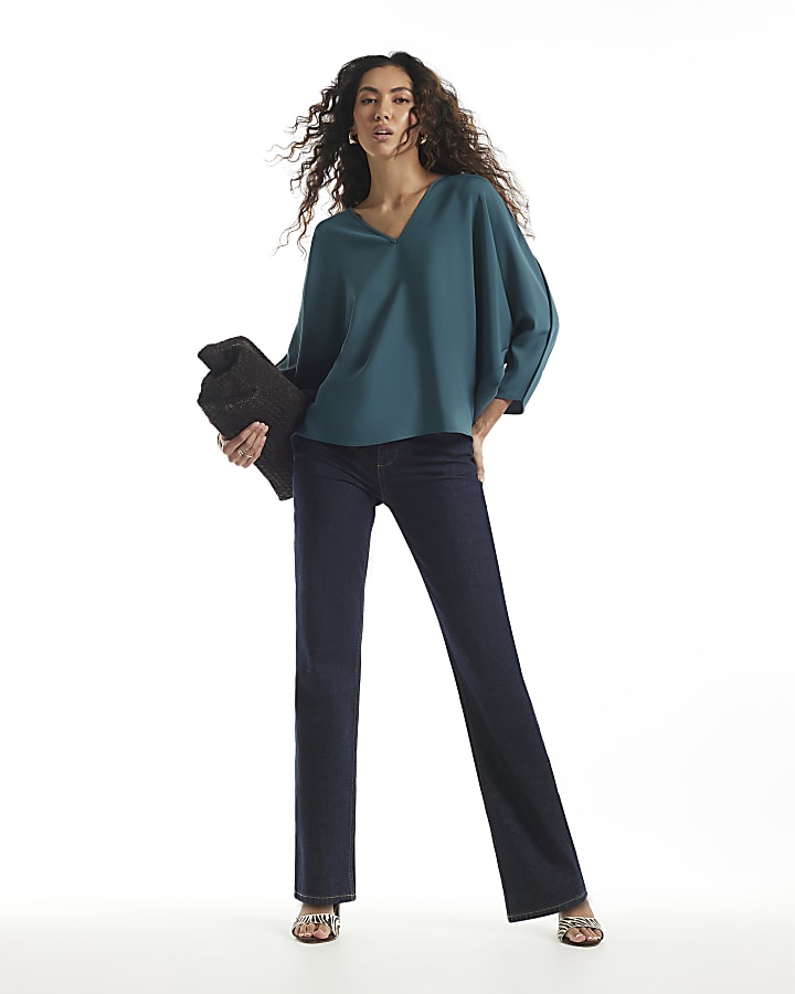 Green V Neck Batwing Top