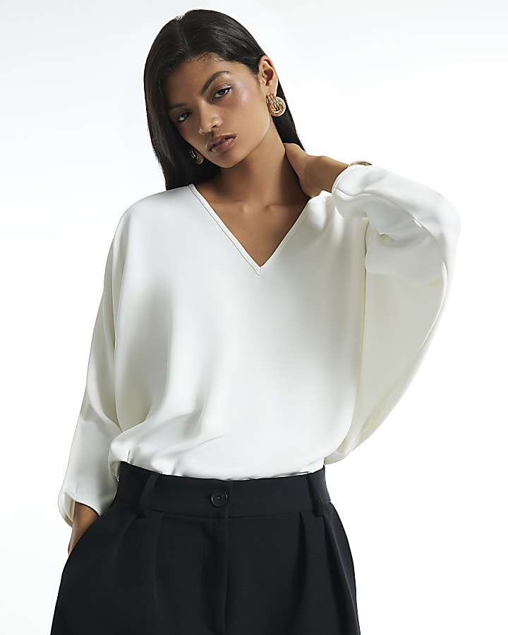 Cream V Neck Batwing Top