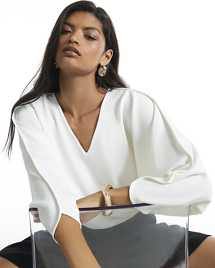 Cream V Neck Batwing Top