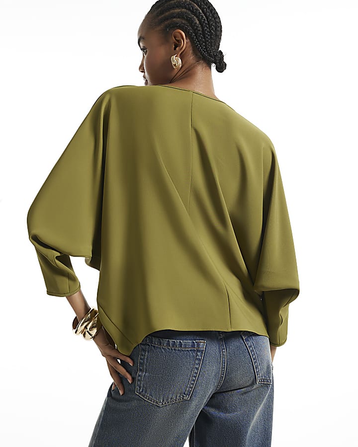 Khaki V Neck Batwing Top