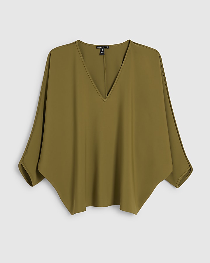 Khaki V Neck Batwing Top