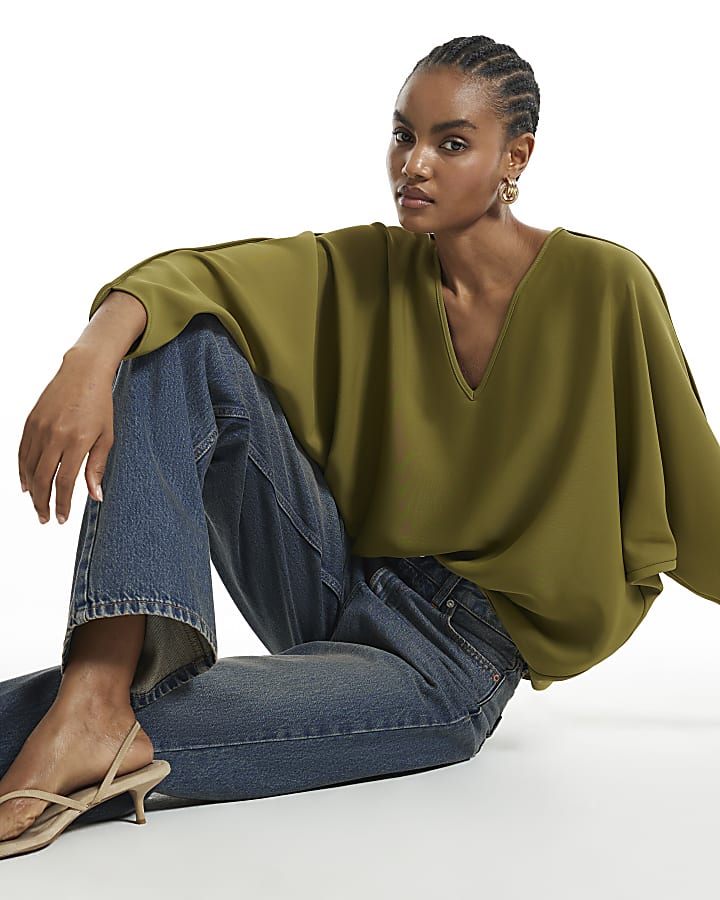 Khaki V Neck Batwing Top