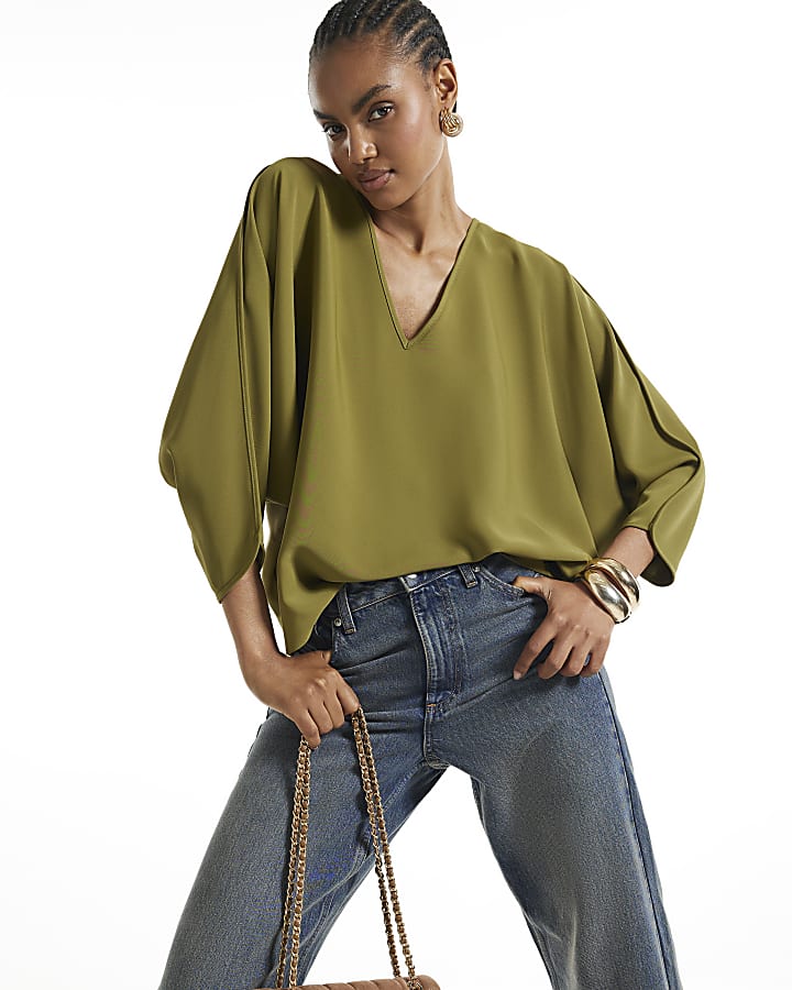 Khaki V Neck Batwing Top