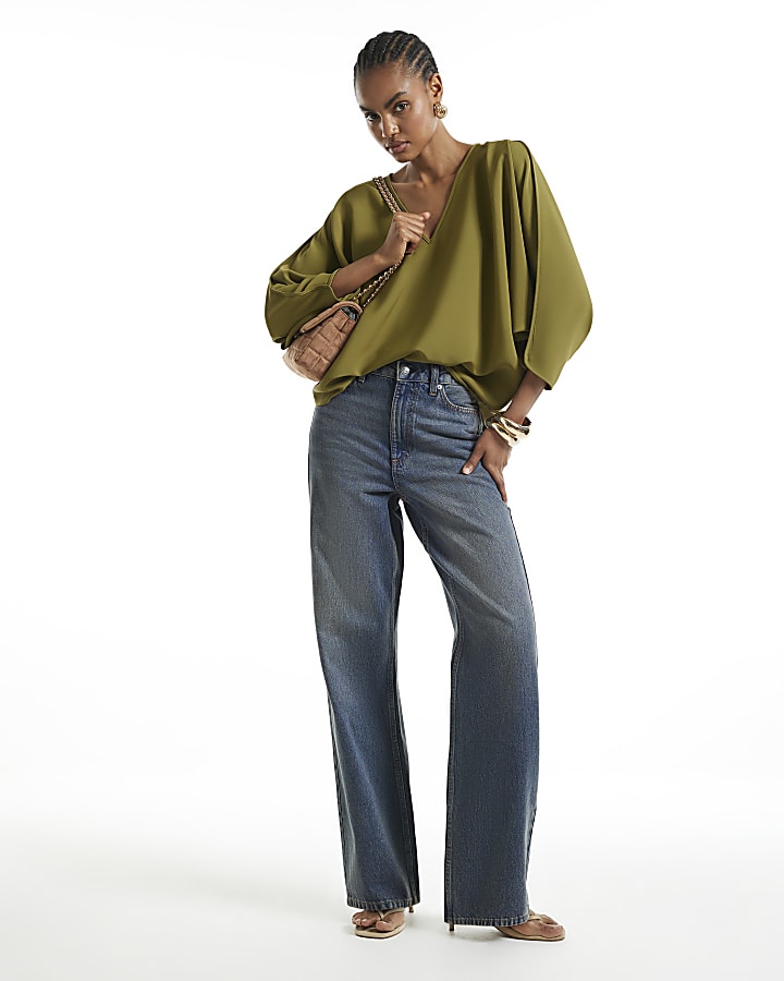 Khaki V Neck Batwing Top