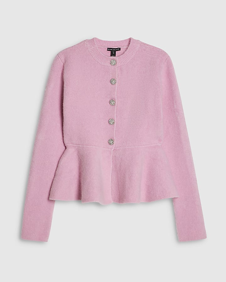 Pink Knitted Peplum Hem Cardigan