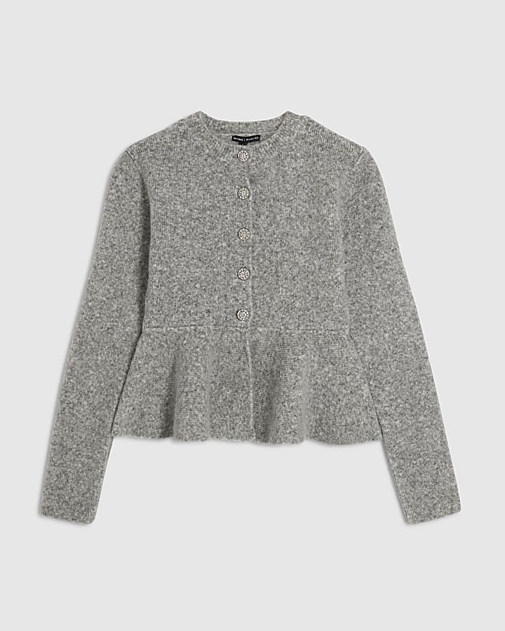 Grey Knitted Peplum Hem Cardigan