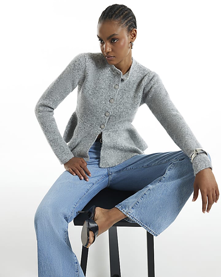 Grey Knitted Peplum Hem Cardigan