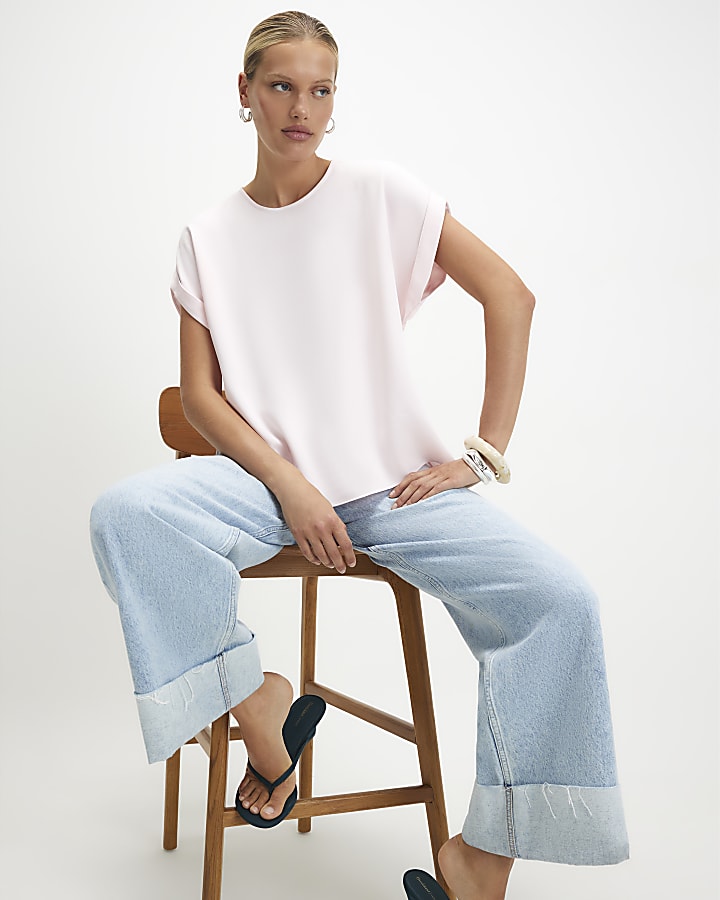 Pink Short Sleeve Turn Back Cuff Top