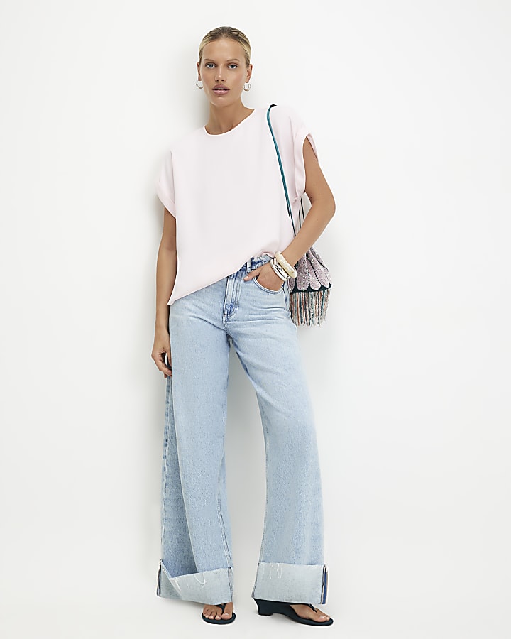 Pink Short Sleeve Turn Back Cuff Top