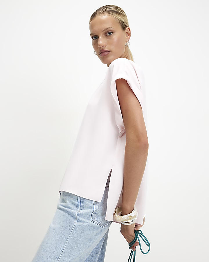 Pink Short Sleeve Turn Back Cuff Top