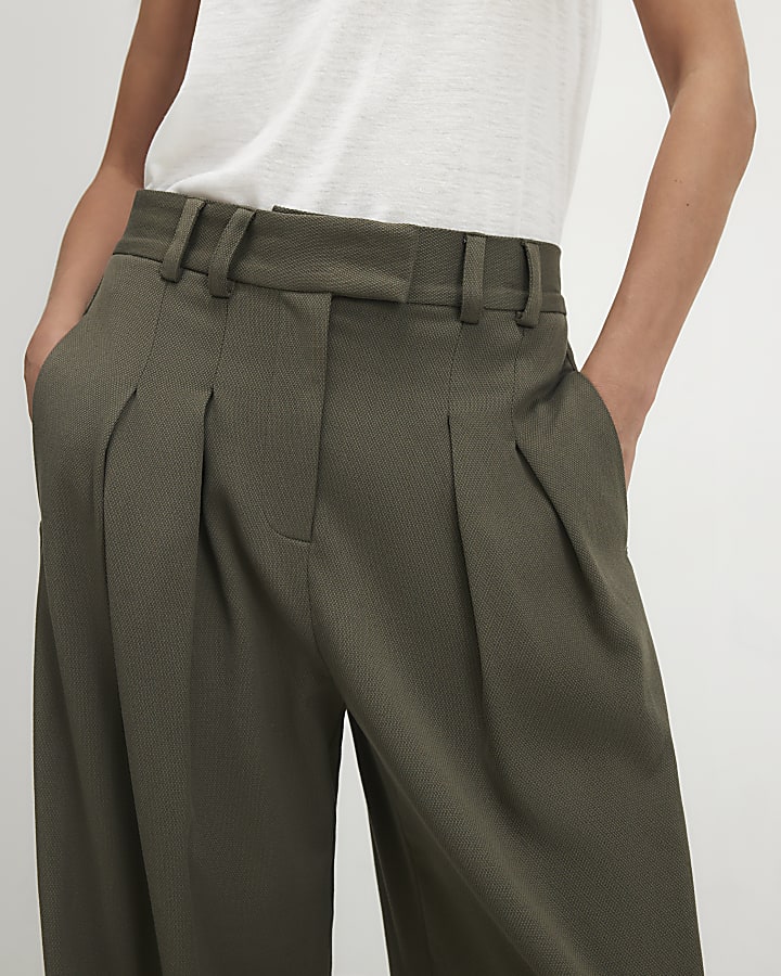 Khaki Pique Wide Leg Trousers