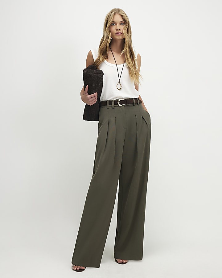 Khaki Pique Wide Leg Trousers