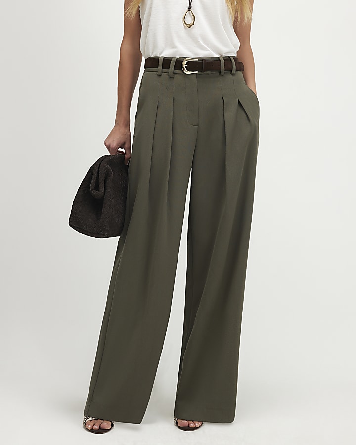 Khaki Pique Wide Leg Trousers
