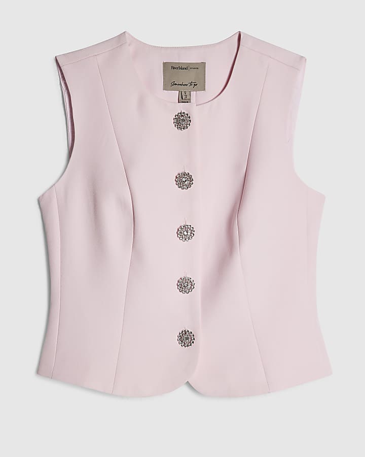 Petite Pink Diamante Button Waistcoat