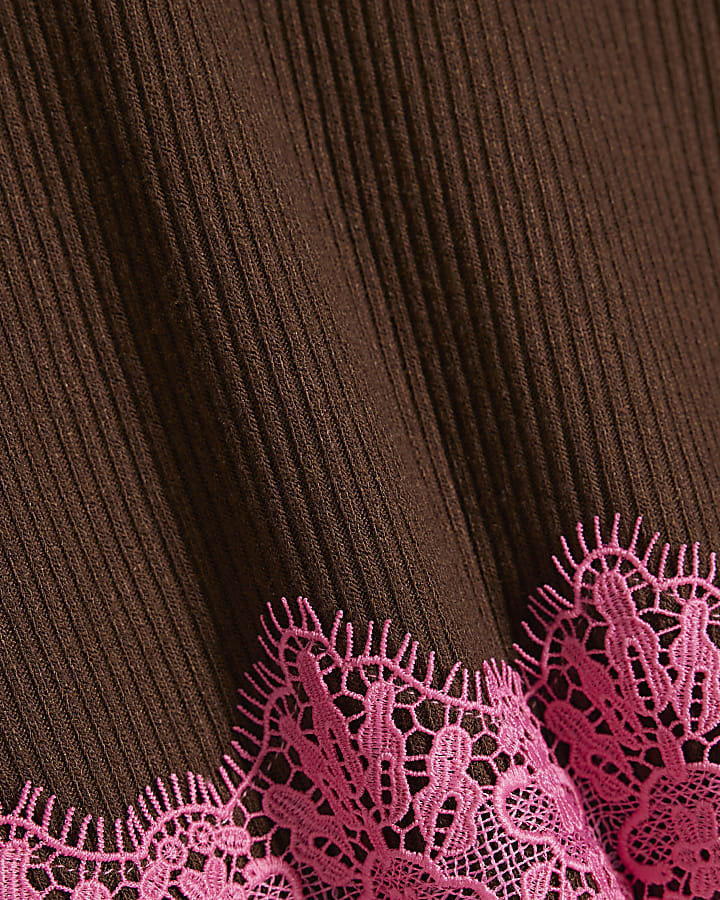 Brown Lace Hem Sweatshirt