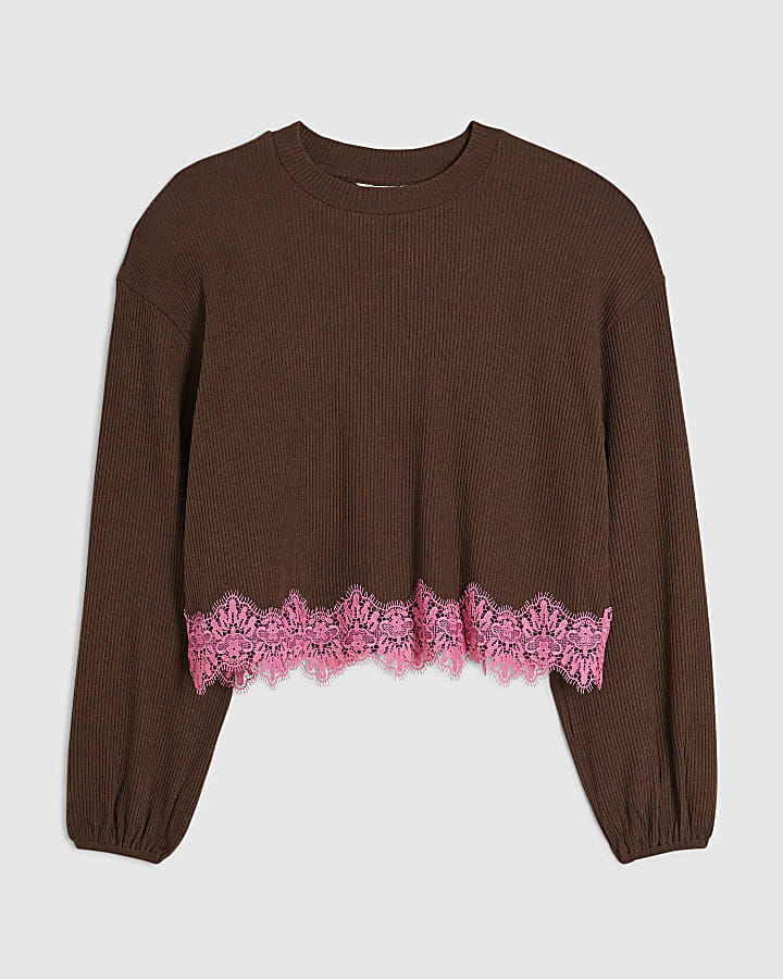 Brown Lace Hem Sweatshirt