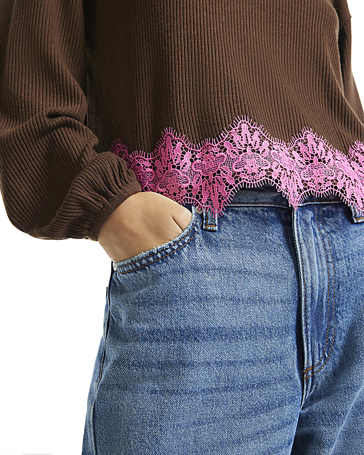 Brown Lace Hem Sweatshirt