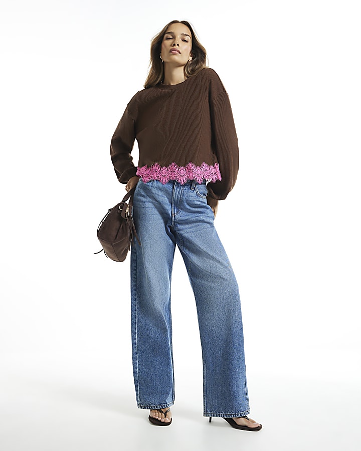 Brown Lace Hem Sweatshirt