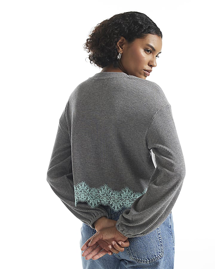 Grey Lace Hem Sweatshirt
