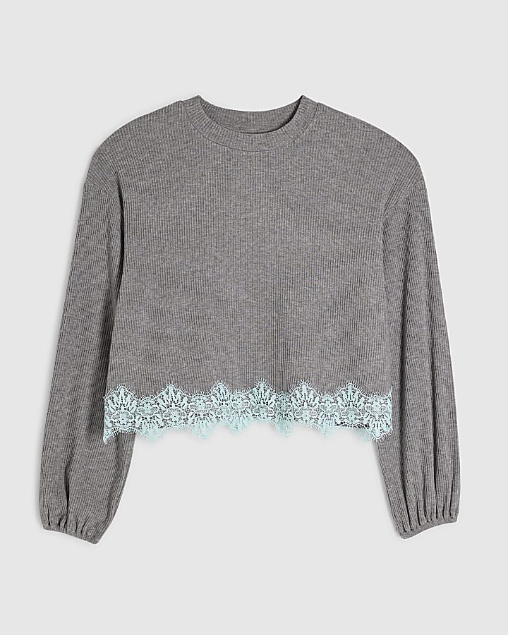 Grey Lace Hem Sweatshirt