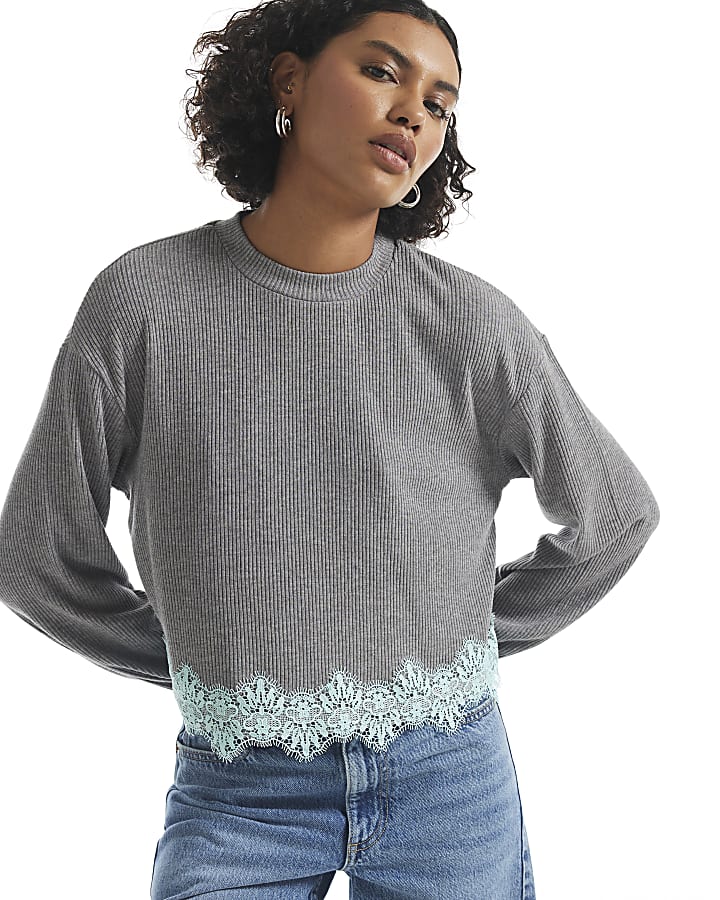 Grey Lace Hem Sweatshirt