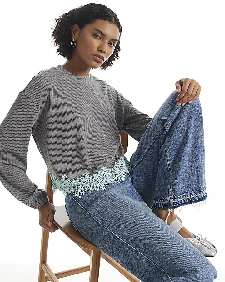 Grey Lace Hem Sweatshirt